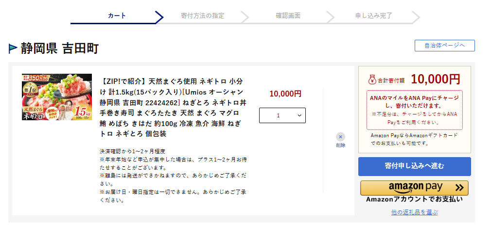 ANAのふるさと納税 カート画面 ANA Payチャージの案内