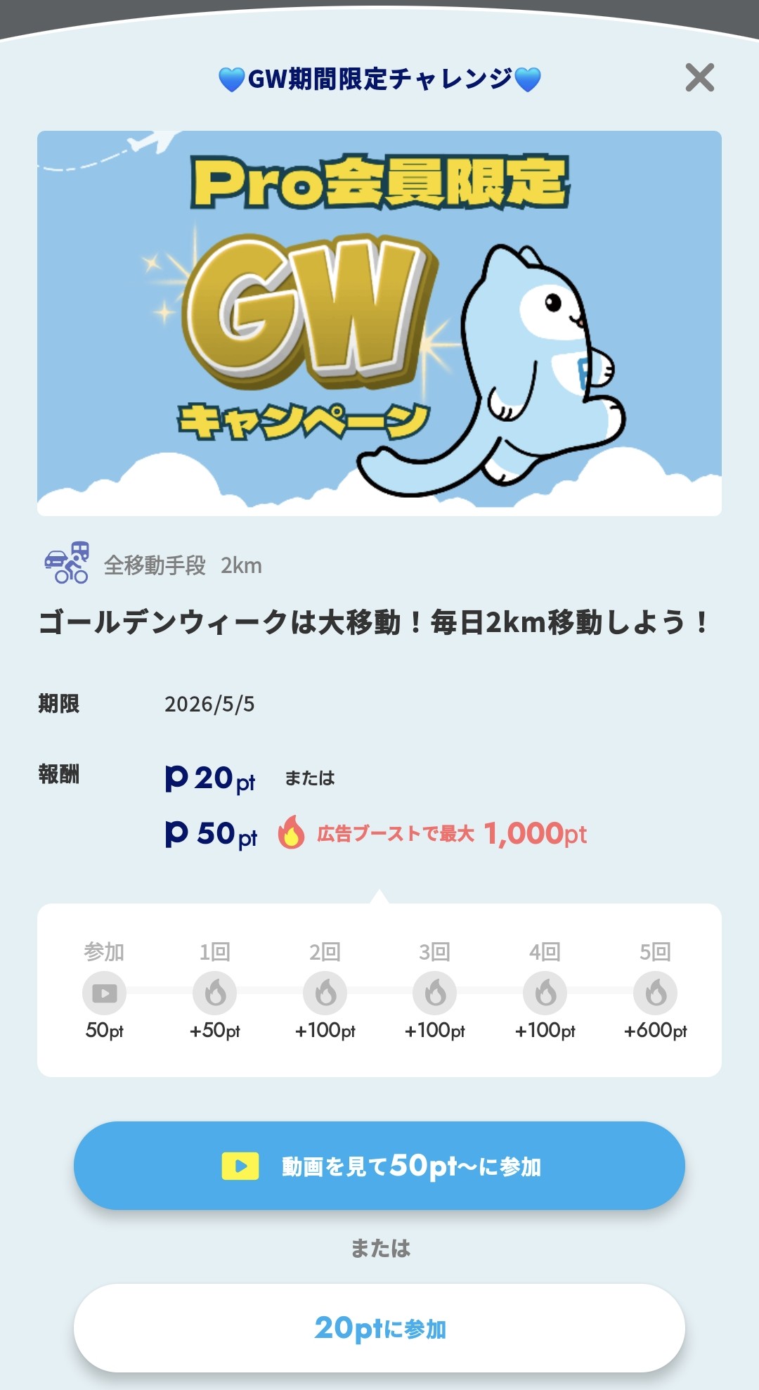 ANA PocketのGW期間限定チャレンジ。Pro会員限定で毎日2km移動すると最大1,000ptのボーナスがある